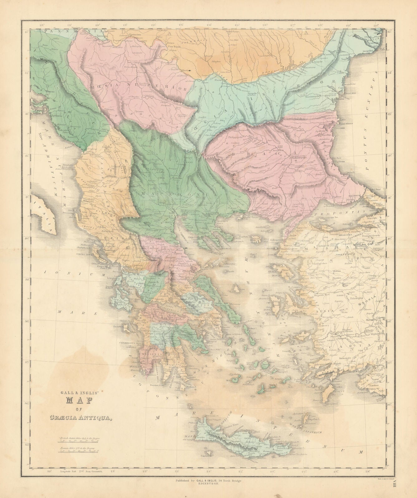 Gall & Inglis' Map of Graecia Antiqua. Ancient Greece provinces 1850 old